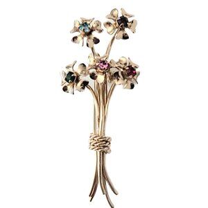 12K Gold Filled Long Stemmed Bouquet Of Flowers Rhinestone Pin Brooch, M1020